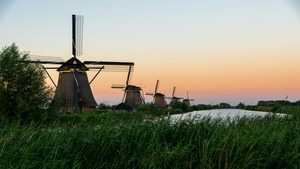 Dutch windmills at sunset